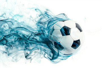Naklejka premium A dynamic image depicting a classic white and black soccer ball enveloped in swirling blue smoke, symbolizing motion and energy in sports, rendered with a vibrant and abstract style to capture