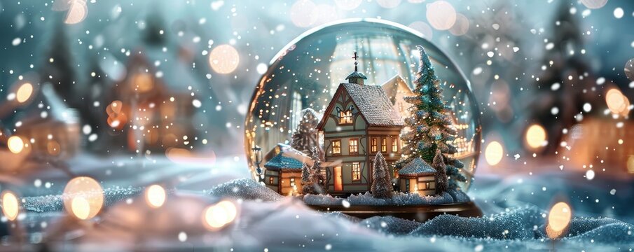 Magical winter snow globe with a cozy house and snowflakes, capturing the enchanting holiday spirit in a whimsical and festive setting.