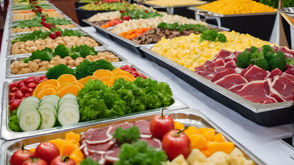 Obraz premium Catering buffet food indoor in restaurant with meat colorful fruits and vegetables.