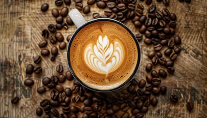 Top-down view of a cup of latte with intricate latte art, surrounded by coffee beans on a rustic wooden table.