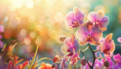 Vibrant purple and pink orchids in full bloom against a colorful, softly lit background, creating a dreamy and serene floral scene. - Powered by Adobe