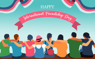 Happy international friendship day greeting card, back view of friends group embracing each other's hands. abstract vector illustration