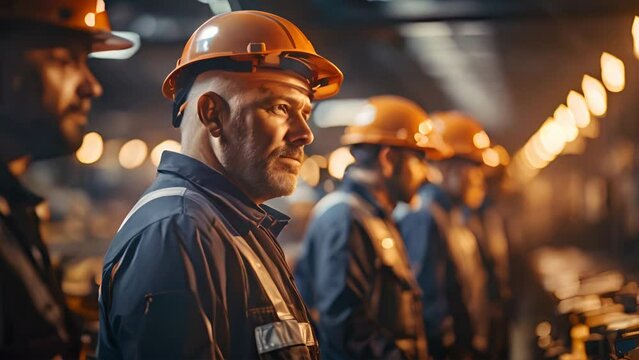 Engineer team standing in row ready for work. Worker diversity group wearing vest, ppe for safety in site train garage. Expert construction project manager leadership. Banner cover design.