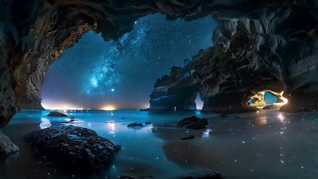 A hidden grotto nestled within a rugged coastal landscape where the still waters are transformed into a stunning sea of bioluminescent stars.