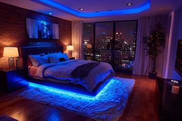 A modern bedroom with blue LED lights illuminating the bed and ceiling. The room features a large window with a view of a nighttime city skyline