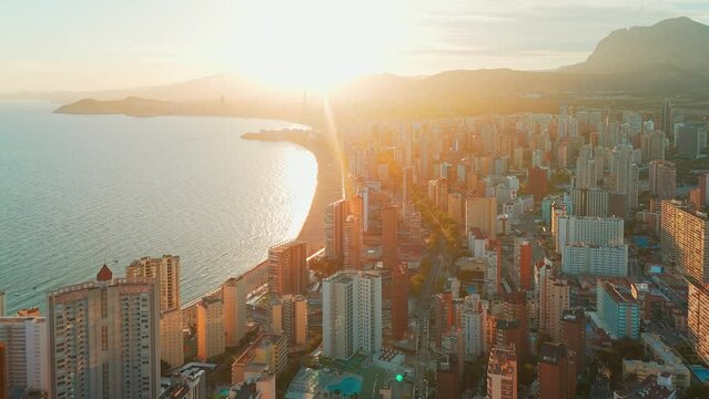 Aerial view of the Benidorm cityscape at sunset, Costa Blanca, Spain