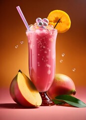 vector, illustartion. Exotic Mango bubble tea, tapoica pearls. pink boba drink. tropical background. Capture dramatic splash. Creative Dynamic compotition vary angle. Macro Food photography, taken by 