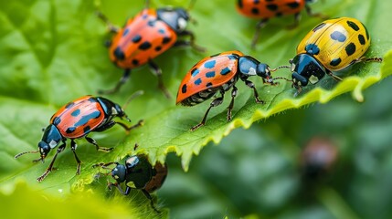 Fototapeta premium Colorful Beetles on Green Leaf Close-Up