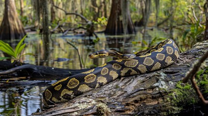 A Burmese python stretches along a tree trunk in a swamp, highlighting the natural habitat of this large snake.
