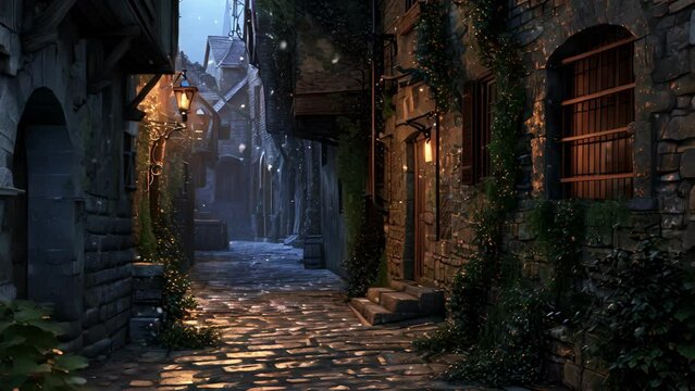 A narrow cobblestone alleyway its twisting and turning path giving it an otherworldly charm as if it exists in a different time.