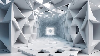 Abstract white geometric tunnel with twisting cubes and inverse patterns, creating a complex, dynamic 3D structure that conveys motion and depth.