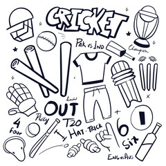 Cricket doodle vector set. Hand drawn Cricket drawing illustration vector. cricket scribble doodle