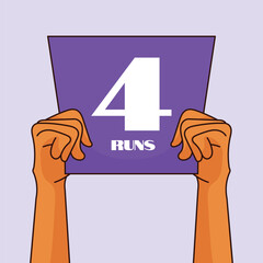 Cricket 4 run card holding in hand. Cricket Fans boundary card vector. card in hand