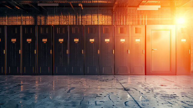 A large room with many black cabinets and a door