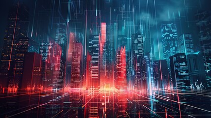 Fototapeta premium Abstract digital cityscape with skyscrapers and neon lights. A Vision of Urban Futurism Where Skyscrapers Pierce the Night Sky Bathed in Radiant Glow