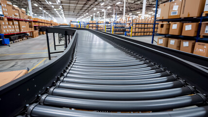 A conveyor belt in a warehouse with boxes on it