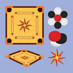 Wooden Carrom Board Game Vector Illustration Carrom game icon Indian carrom board game with pawn