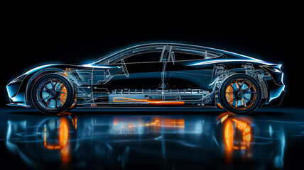 A car is shown in a black background with a bright orange light shining on it