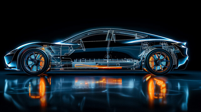 A car is shown in a black background with a bright orange light shining on it