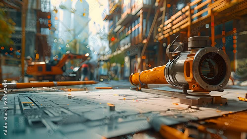 Poster drawings and tools on a panoramic construction site, highlighting intricate details with realistic l