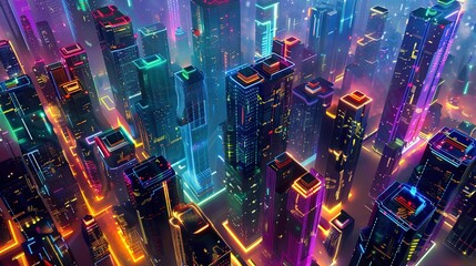 Obraz premium Abstract digital cityscape with skyscrapers and neon lights. A Vision of Urban Futurism Where Skyscrapers Pierce the Night Sky Bathed in Radiant Glow