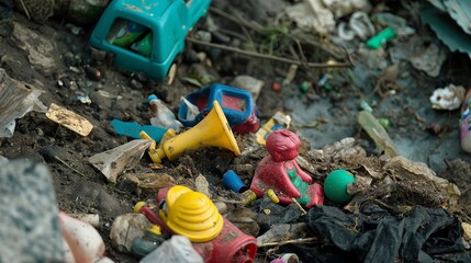 Children's toys among the garbage: Photo of children's toys lying among garbage and waste, symbolizing the threat to future generations due to environmental pollution.