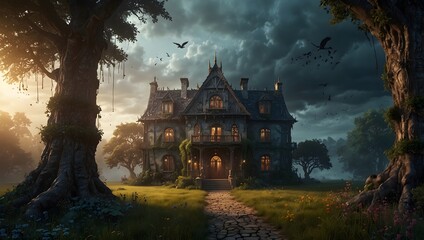 Fototapeta premium A fantasy realm where a big house serves as the gateway to other magical realms, guarded by mystical creatures ai_generated