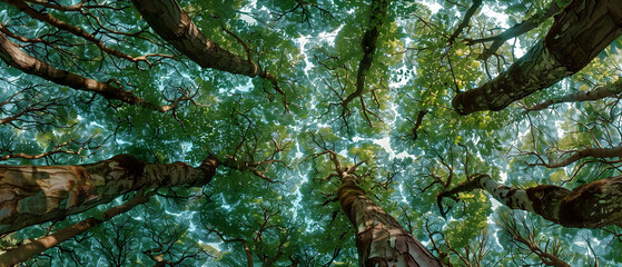 Ground-level perspective of a forest with trees showing crown shyness, their leaves barely touching, creating a natural mosaic in the sky