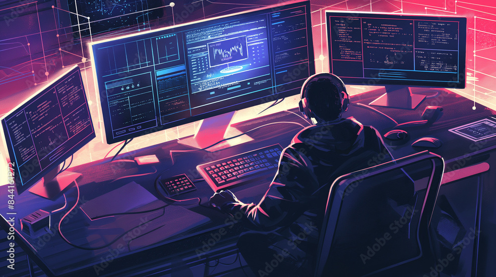 Poster cyber security expert working on computer