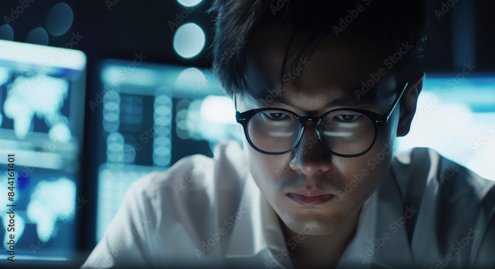 Poster cyber security expert working on computer