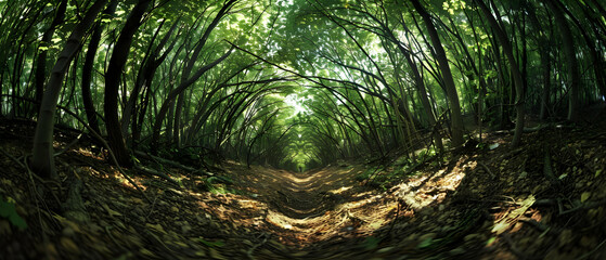Pathway through a forest showing crown shyness, the distinct gaps between the tree crowns allowing sunlight to dapple the forest floor