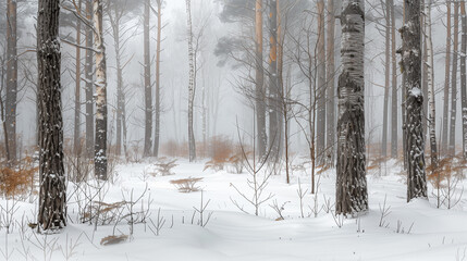 Winter trees in foggy snowy forest