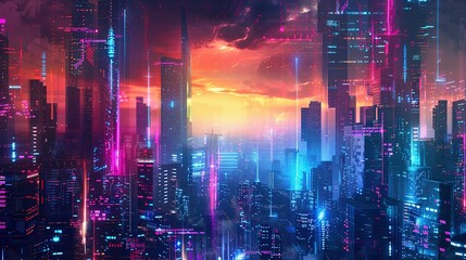 Obraz premium Abstract digital cityscape with skyscrapers and neon lights. A Vision of Urban Futurism Where Skyscrapers Pierce the Night Sky Bathed in Radiant Glow