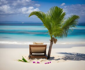 Palm tree dipping into ocean, orchid flower in the sand, white sand beach, island, midday, lounge chair, clear blue green water, award winning photo
