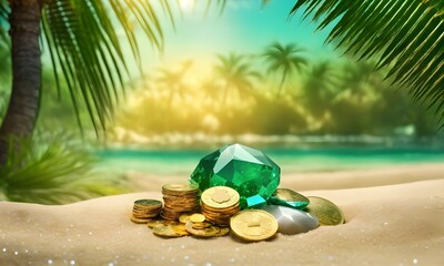 Palm tree dipping into ocean, orchid flower in the sand, white sand beach, island, midday, lounge chair, clear blue green water, award winning photo