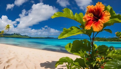 Palm tree dipping into ocean, orchid flower in the sand, white sand beach, island, midday, lounge chair, clear blue green water, award winning photo