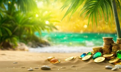 Palm tree dipping into ocean, orchid flower in the sand, white sand beach, island, midday, lounge chair, clear blue green water, award winning photo
