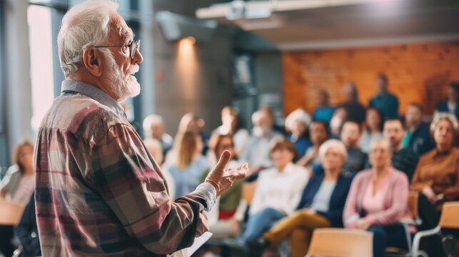Elderly man presenting at a community meeting, engaging with local residents - Powered by Adobe
