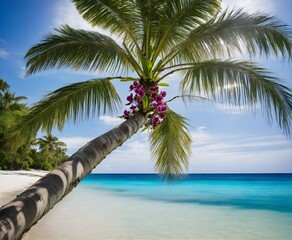 Palm tree dipping into ocean, orchid flower in the sand, white sand beach, island, midday, lounge chair, clear blue green water, award winning photo