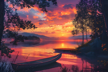 Serene Sunset Over Tranquil Lake: An Inviting Landscape Painting Depicting Peaceful Nature and Solitude
