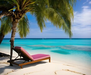 Palm tree dipping into ocean, orchid flower in the sand, white sand beach, island, midday, lounge chair, clear blue green water, award winning photo