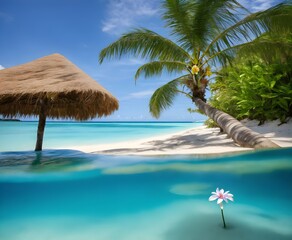 Palm tree dipping into ocean, orchid flower in the sand, white sand beach, island, midday, lounge chair, clear blue green water, award winning photo