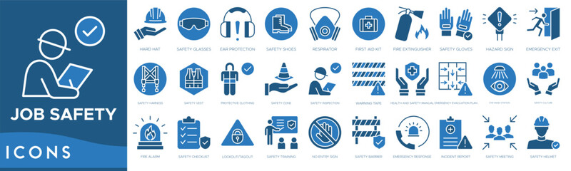 Job Safety icon set. Hard Hat, Safety Glasses, Ear Protection, Safety Shoes, Respirator, First Aid Kit, Fire Extinguisher and Safety Gloves