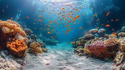 A mesmerizing underwater landscape with a sandy seabed leading up to a coral reef, where schools of fish swim in unison, creating a dazzling display. Dramatic Photo Style,