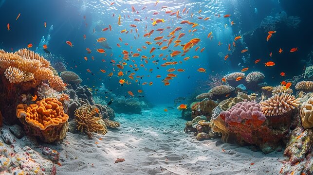 A mesmerizing underwater landscape with a sandy seabed leading up to a coral reef, where schools of fish swim in unison, creating a dazzling display. Dramatic Photo Style,