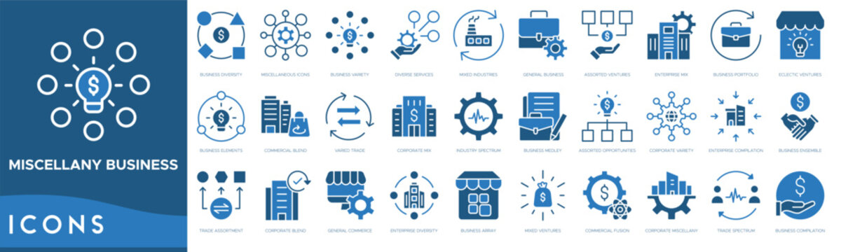 Miscellany Business icon set. Business Diversity, Miscellaneous Icons, Business Variety, Diverse Services, Mixed Industries, General Business and Assorted Ventures
