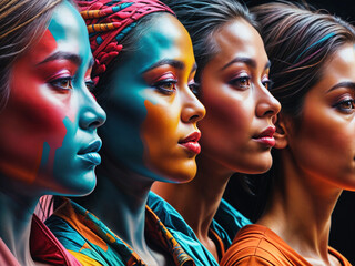 Fototapeta premium Four women with bright and colorful facial features stand in profile, Friendship Day