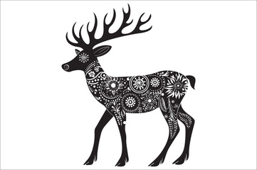 Christmas deer silhouette black vector art illustration. Raindeer silhouette vector.