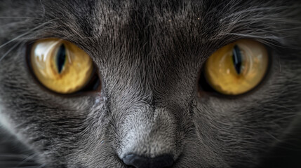 Close up of a grey cat with yellow eyes
