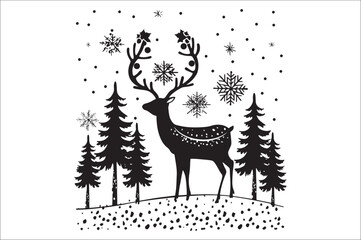 Christmas deer silhouette black vector art illustration. Raindeer silhouette vector.
